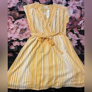 Monteau - NWT Yellow/White Stripped V-Neck Dress with Tie Belt Size: XL